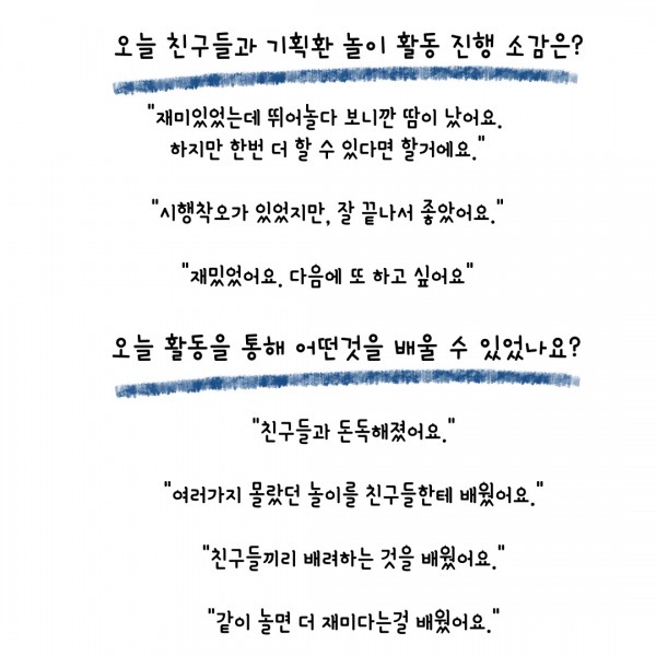 오늘 친구들과 기획환 놀이 활동 진행 소감은? &#034;재미있었는데 뛰어놀다 보니깐 땀이 났어요.  하지만 한번 더 할 수 있다면 할거에요.&#034;  &#034;시행착오가 있었지만, 잘 끝나서 좋았어요.&#034;  &#034;재밌었어요. 다음에 또 하고 싶어요&#034; 